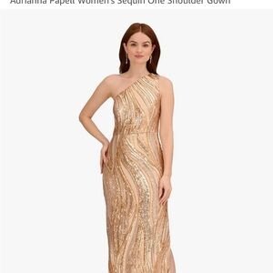 Adrianna Papell Gold Sequin One Shoulder Gown
